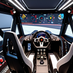 ** A racing simulator cockpit setup with a force feedback wheel, emphasizing realism and immersion. Think of a cool, maybe slightly cluttered, gamer setup in a room.

**