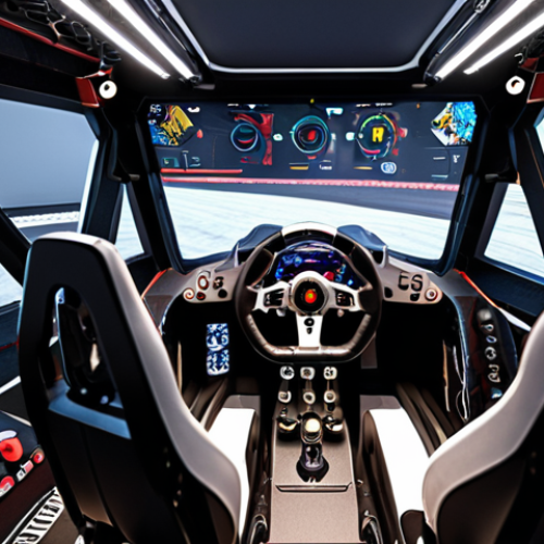 ** A racing simulator cockpit setup with a force feedback wheel, emphasizing realism and immersion. Think of a cool, maybe slightly cluttered, gamer setup in a room.

**