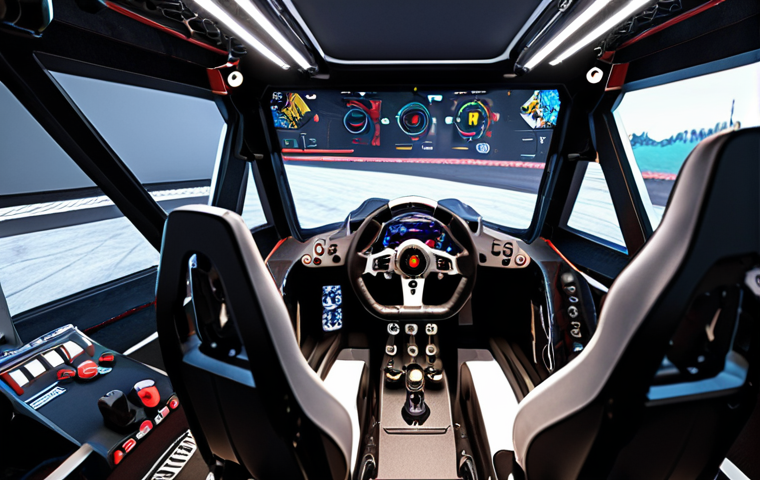 ** A racing simulator cockpit setup with a force feedback wheel, emphasizing realism and immersion. Think of a cool, maybe slightly cluttered, gamer setup in a room.

**