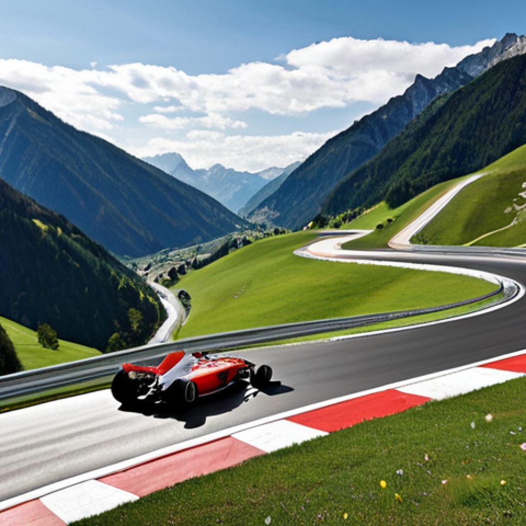 **

A realistic photo of a Formula 1 race track winding through the Austrian Alps. Natural elevation changes create dramatic hills and valleys. Focus on the blend of the track with the existing environment. Include modern safety features like wide run-off areas and energy-absorbing barriers. A sleek, modern race car speeds around a bend. Bright, clear day.

**