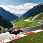**

A realistic photo of a Formula 1 race track winding through the Austrian Alps. Natural elevation changes create dramatic hills and valleys. Focus on the blend of the track with the existing environment. Include modern safety features like wide run-off areas and energy-absorbing barriers. A sleek, modern race car speeds around a bend. Bright, clear day.

**