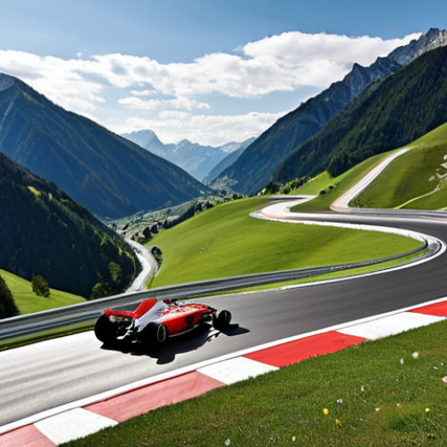**

A realistic photo of a Formula 1 race track winding through the Austrian Alps. Natural elevation changes create dramatic hills and valleys. Focus on the blend of the track with the existing environment. Include modern safety features like wide run-off areas and energy-absorbing barriers. A sleek, modern race car speeds around a bend. Bright, clear day.

**