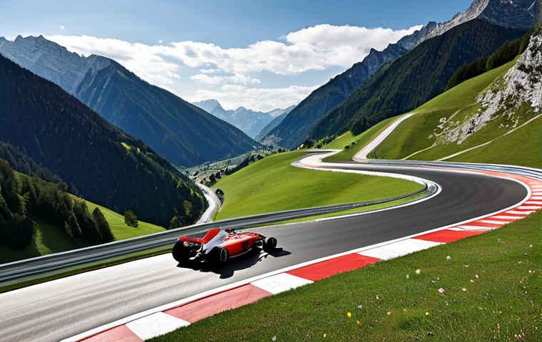 **

A realistic photo of a Formula 1 race track winding through the Austrian Alps. Natural elevation changes create dramatic hills and valleys. Focus on the blend of the track with the existing environment. Include modern safety features like wide run-off areas and energy-absorbing barriers. A sleek, modern race car speeds around a bend. Bright, clear day.

**