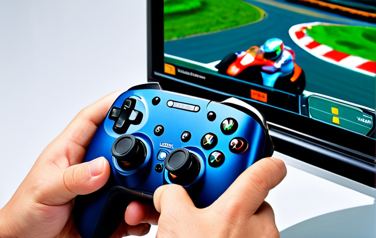 레이싱게임의 인풋 디바이스 - Ergonomic Controller Focus**
"Close-up shot of hands holding a racing game controller, focusing on ...