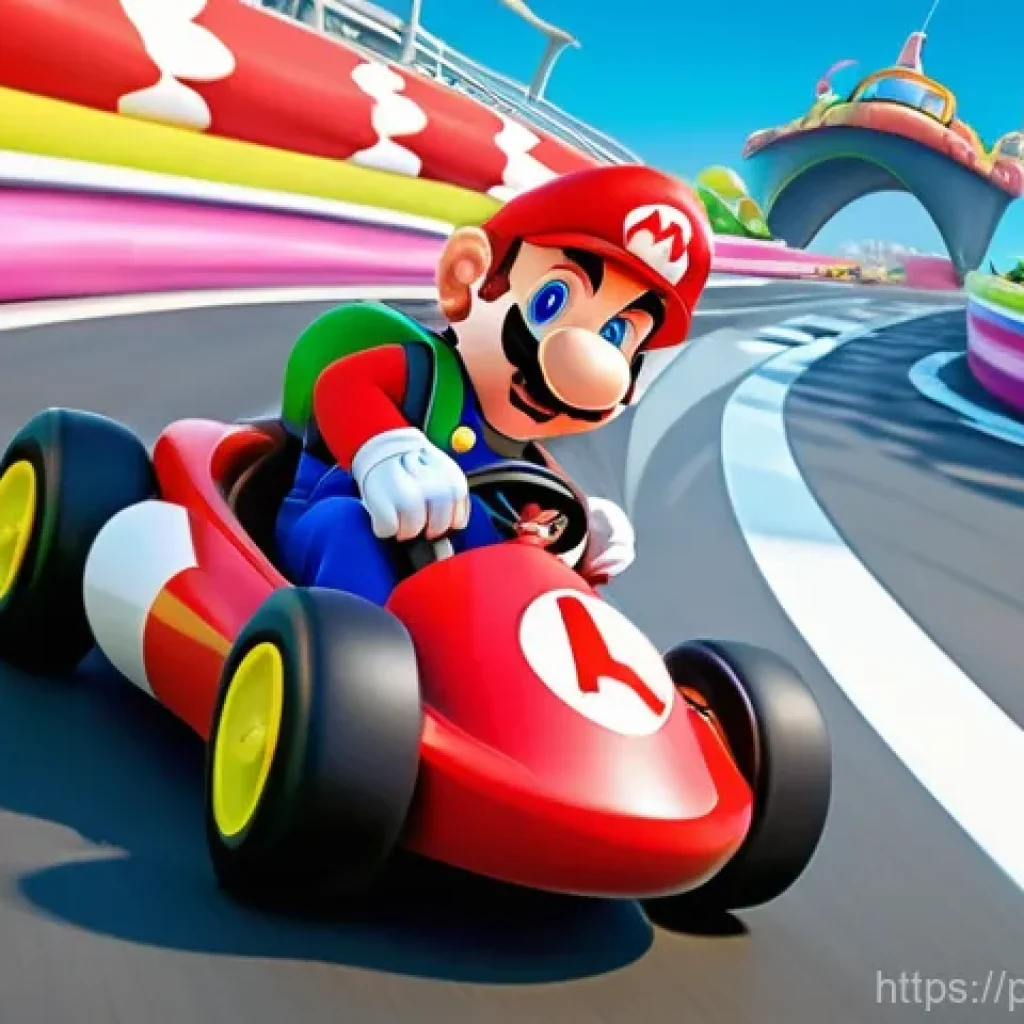 닌텐도 스위치 레이싱게임 - **Vibrant Go-Kart Race:** A dynamic, cartoonish illustration of iconic Nintendo characters like Mari...
