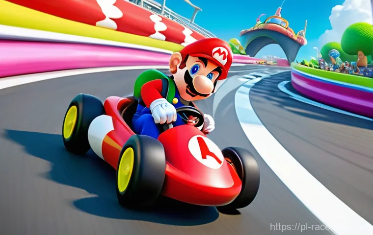 닌텐도 스위치 레이싱게임 - **Vibrant Go-Kart Race:** A dynamic, cartoonish illustration of iconic Nintendo characters like Mari...