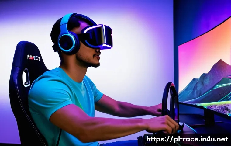 스팀 레이싱게임 할인 정보 - **Prompt 1: Immersive VR Racing Experience** A young adult, of diverse ethnicity, completely imm...