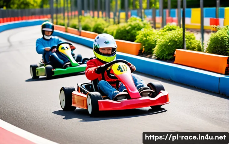 레이싱 테마 파크 소개 - A vibrant racing-themed amusement park scene featuring a family-friendly go-kart track with children...