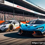 Home 21 레이싱게임의 스폰서 시스템 - A highly detailed racing scene on a professional European racetrack during daytime, showcasing multi...