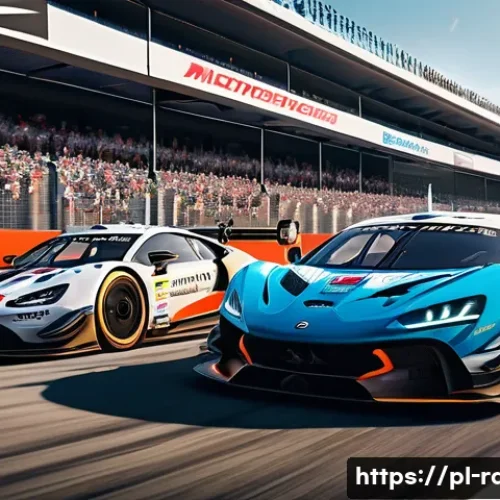 Home 33 레이싱게임의 스폰서 시스템 - A highly detailed racing scene on a professional European racetrack during daytime, showcasing multi...