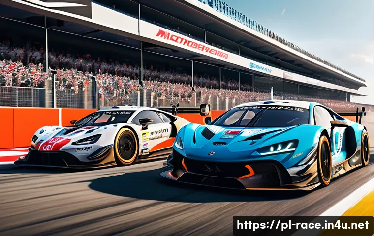 레이싱게임의 스폰서 시스템 - A highly detailed racing scene on a professional European racetrack during daytime, showcasing multi...