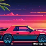 Home 20 추억의 레이싱게임 - A vibrant 1980s arcade racing scene inspired by "OutRun," featuring a sleek red convertible speeding...
