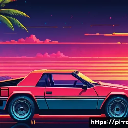 Home 32 추억의 레이싱게임 - A vibrant 1980s arcade racing scene inspired by "OutRun," featuring a sleek red convertible speeding...