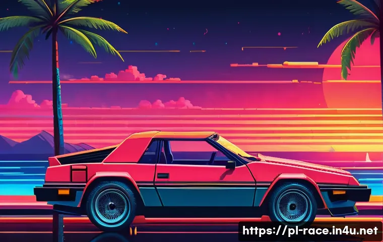 추억의 레이싱게임 - A vibrant 1980s arcade racing scene inspired by "OutRun," featuring a sleek red convertible speeding...