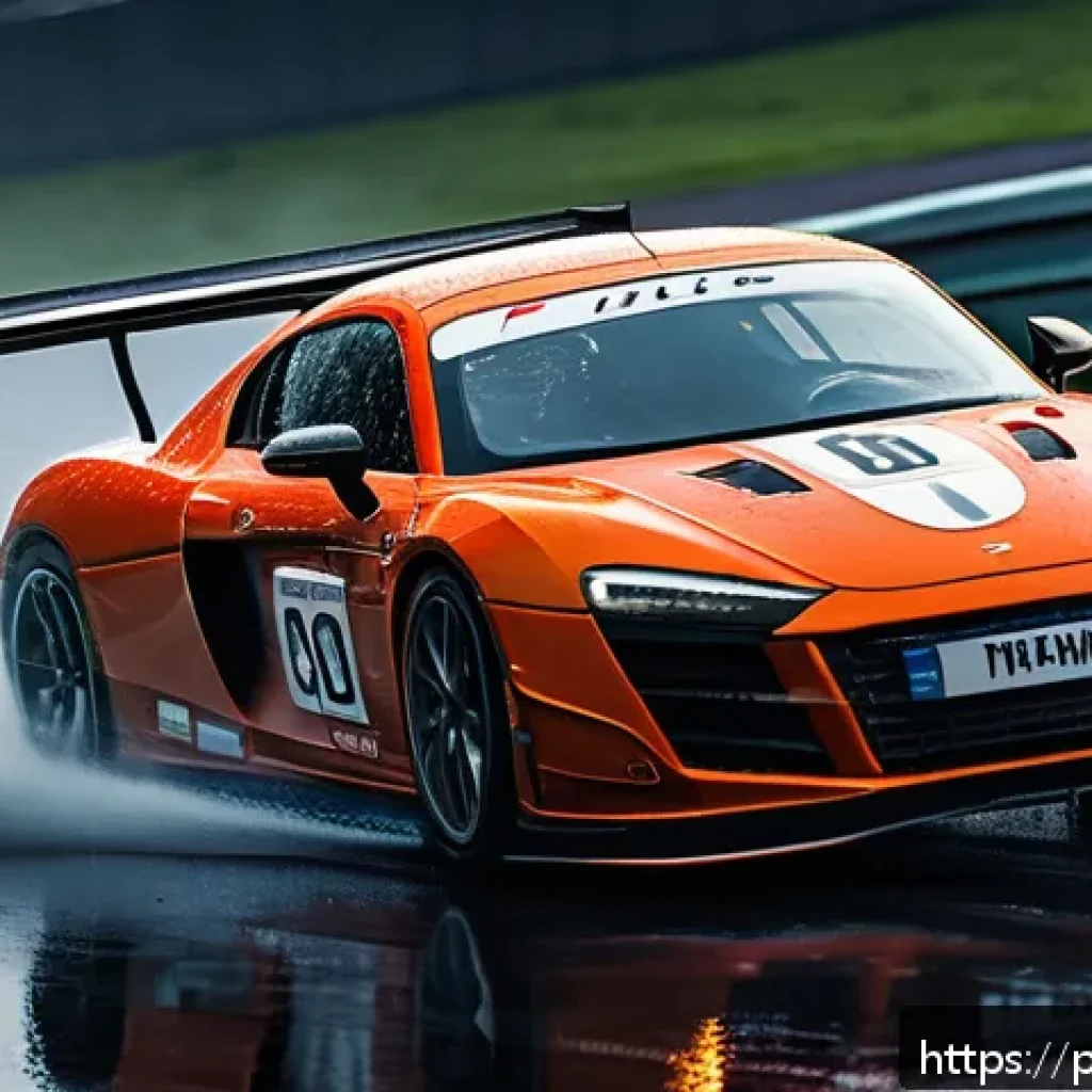 무료 레이싱게임 추천 - A hyper-realistic racing scene on a wet race track during a rainy day, showcasing a sleek sports car...