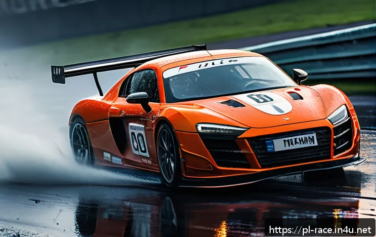 무료 레이싱게임 추천 - A hyper-realistic racing scene on a wet race track during a rainy day, showcasing a sleek sports car...