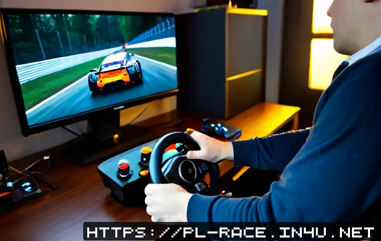 Home 17 레이싱게임 기록 도전 - Photorealistic close-up of a focused young adult racing game player in a modern Warsaw apartment, ha...