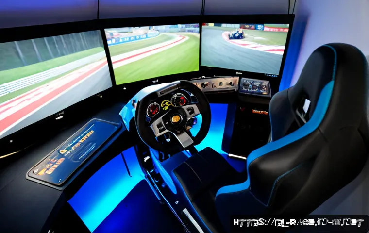 레이싱 시뮬레이터 체험관 - Photorealistic racing simulator experience center in Poland, a focused adult visitor seated in a pro...
